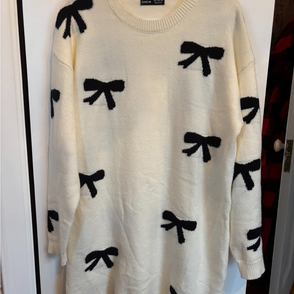 SHEIN Cream Sweater Dress with Black Bow Knit